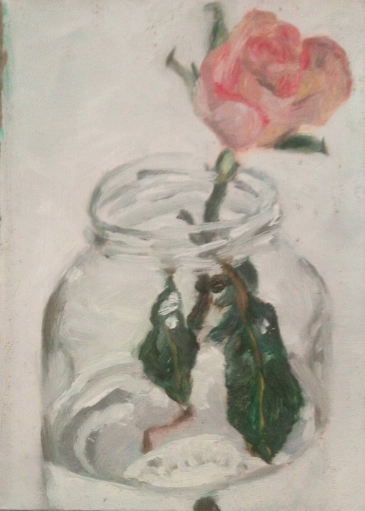 Pintura a óleo de uma rosa num frasco de vidro